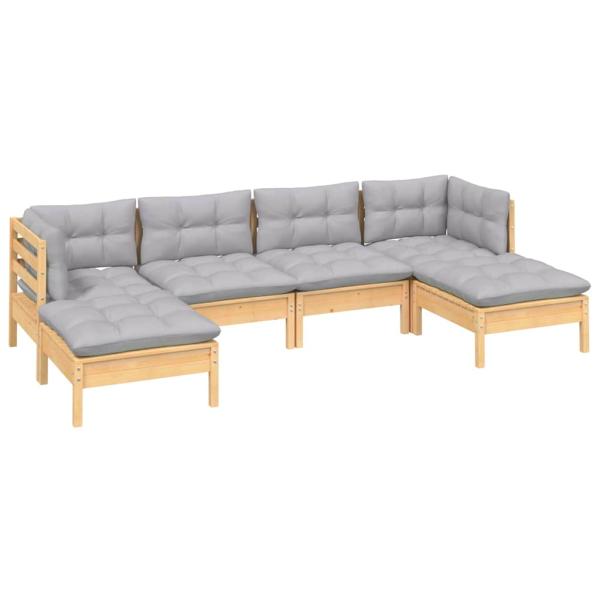 6-tlg. Garten-Lounge-Set mit Grauen Kissen Kiefernholz