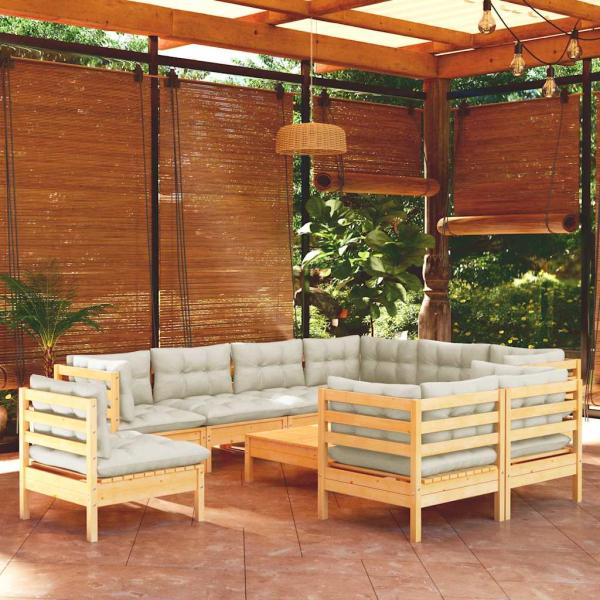ARDEBO.de - 10-tlg. Garten-Lounge-Set mit Creme Kissen Massivholz Kiefer