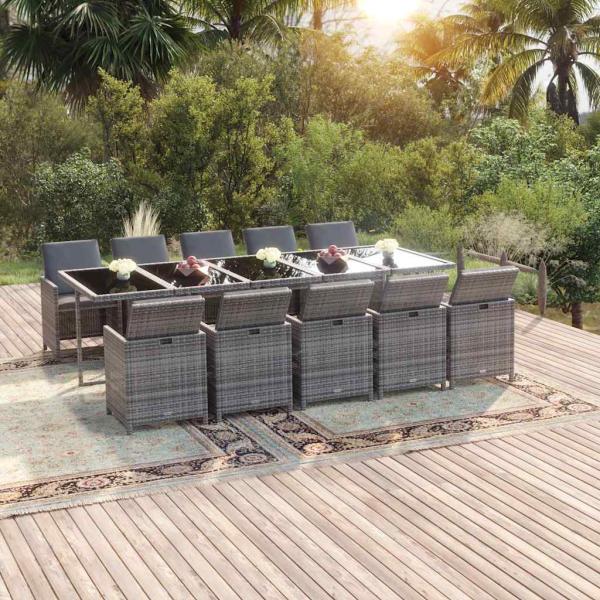 ARDEBO.de - 11-tlg. Garten-Essgruppe mit Kissen Poly Rattan Grau
