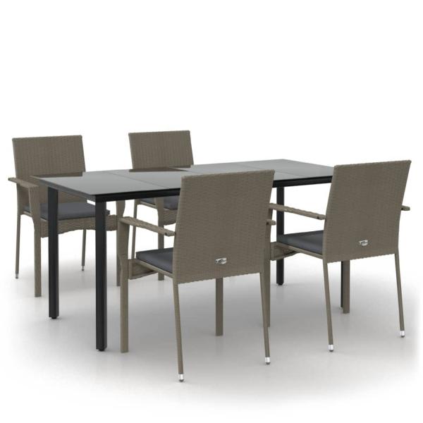 5-tlg. Garten-Essgruppe mit Kissen Schwarz und Grau Poly Rattan
