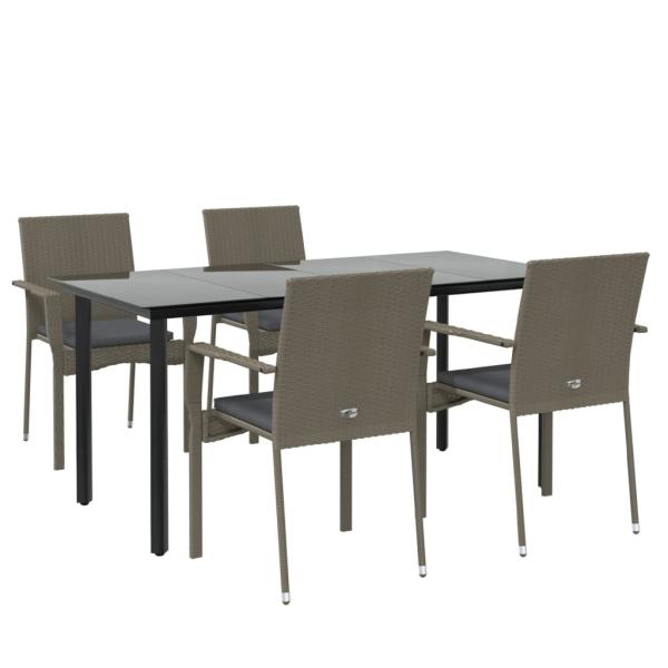 5-tlg. Garten-Essgruppe mit Kissen Schwarz und Grau Poly Rattan