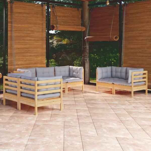 ARDEBO.de - 7-tlg. Garten-Lounge-Set mit Grauen Kissen Kiefer Massivholz
