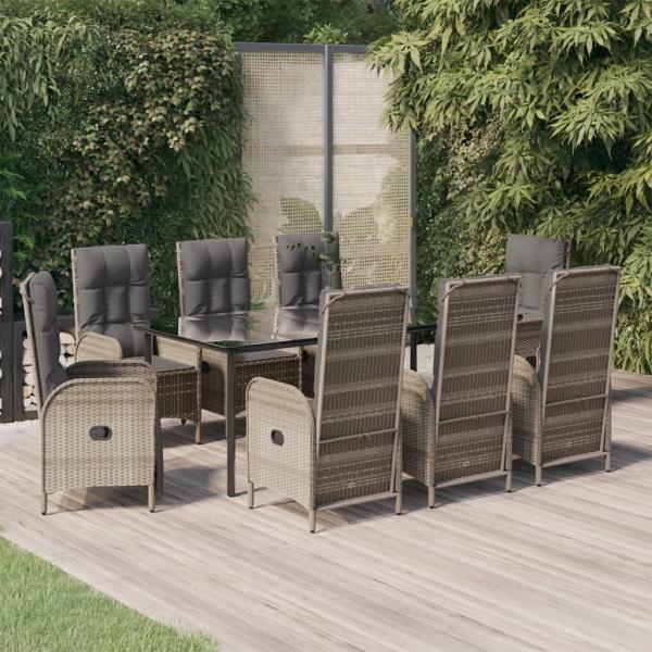 ARDEBO.de - 9-tlg. Garten-Essgruppe mit Kissen Schwarz und Grau Poly Rattan