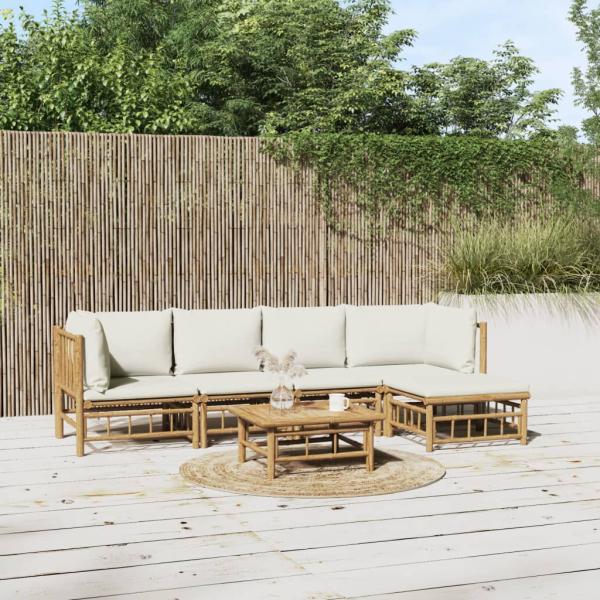 ARDEBO.de - 6-tlg. Garten-Lounge-Set mit Cremeweißen Kissen Bambus