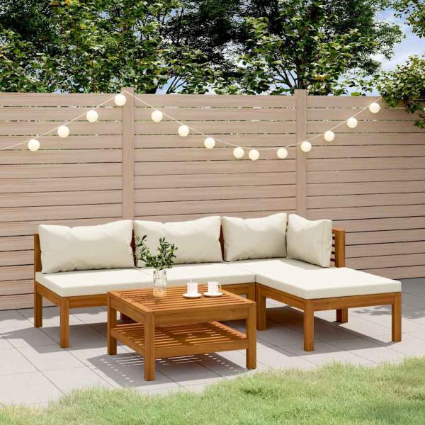 ARDEBO.de - 5-tlg. Garten-Lounge-Set mit Creme Kissen Massivholz Akazie