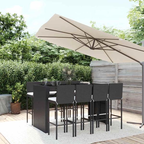 ARDEBO.de - 9-tlg. Gartenbar-Set mit Kissen Schwarz Poly Rattan