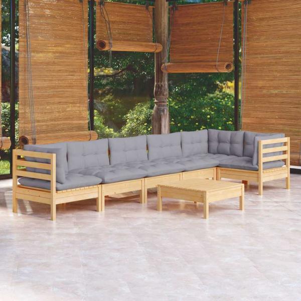 ARDEBO.de - 7-tlg. Garten-Lounge-Set mit Grauen Kissen Kiefernholz