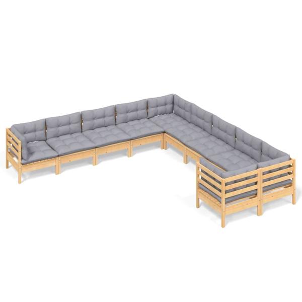 10-tlg. Garten-Lounge-Set mit Grauen Kissen Kiefernholz
