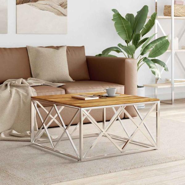 ARDEBO.de - Couchtisch Silbern Edelstahl und Massivholz Akazie
