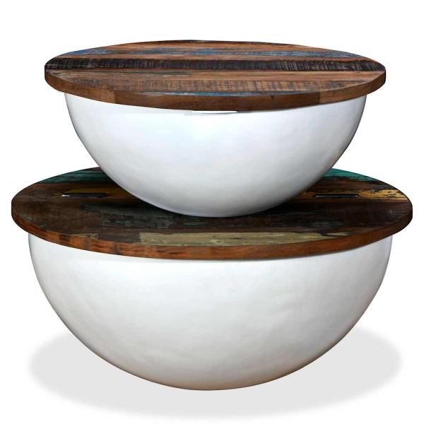 2-tlg. Couchtisch-Set Altholz Massiv Wei? Schalenform