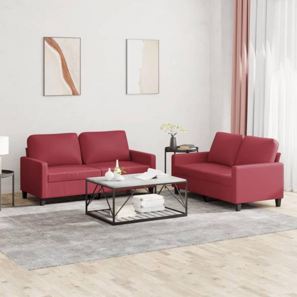 ARDEBO.de - 2-tlg. Sofagarnitur mit Kissen Weinrot Kunstleder