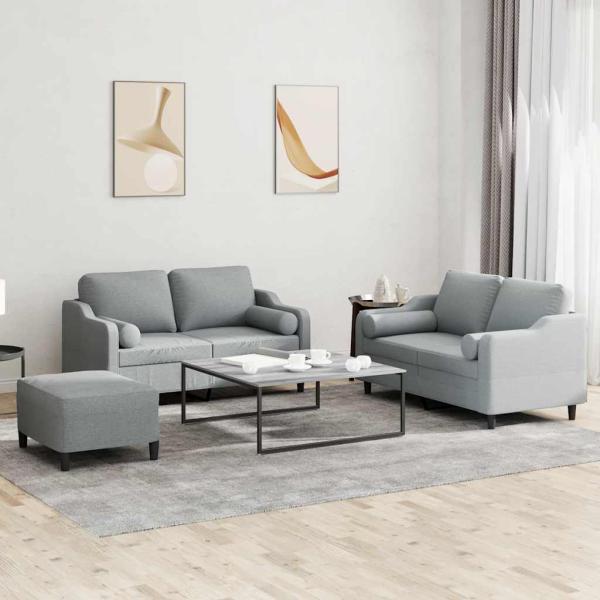 ARDEBO.de - 3-tlg. Sofagarnitur mit Kissen Hellgrau Stoff