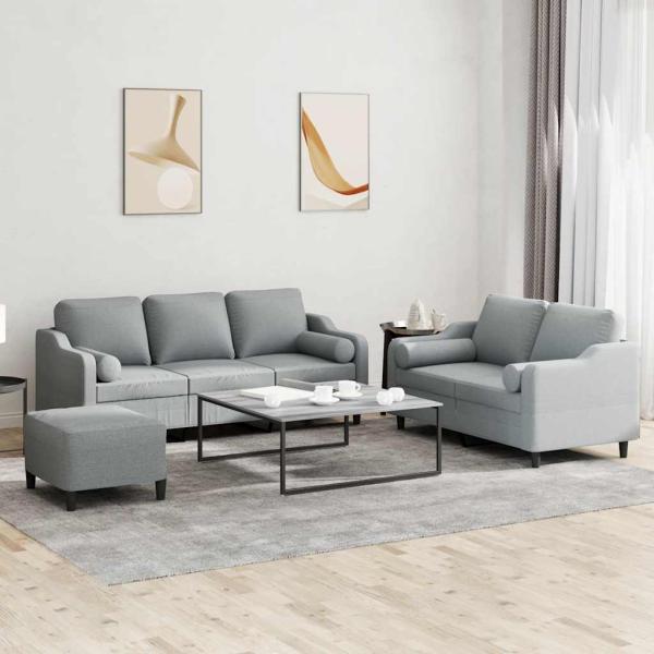 ARDEBO.de - 3-tlg. Sofagarnitur mit Kissen Hellgrau Stoff