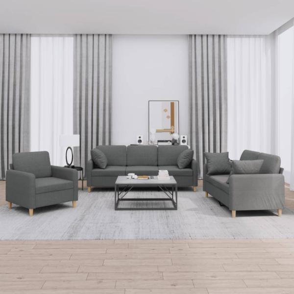 ARDEBO.de - 3-tlg. Sofagarnitur mit Kissen Dunkelgrau Stoff