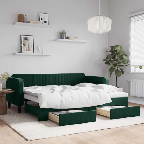 ARDEBO.de - Tagesbett Ausziehbar mit Schubladen Dunkelgrün 90x200 cm Samt