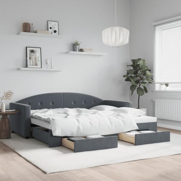 ARDEBO.de - Tagesbett Ausziehbar mit Schubladen Dunkelgrau 90x200 cm Samt