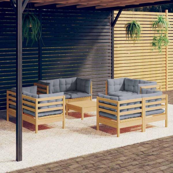 ARDEBO.de - 9-tlg. Garten-Lounge-Set mit Grauen Kissen Kiefernholz