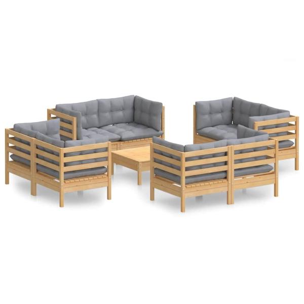 9-tlg. Garten-Lounge-Set mit Grauen Kissen Kiefernholz