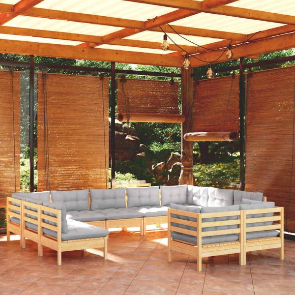 ARDEBO.de - 11-tlg. Garten-Lounge-Set mit Grauen Kissen Kiefer Massivholz