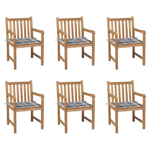 ARDEBO.de - Gartenstühle 6 Stk. Graue Karomuster-Kissen Massivholz Teak