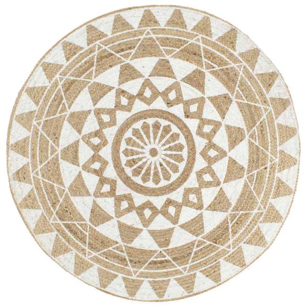 ARDEBO.de - Teppich Handgefertigt Jute Weißer Druck 90 cm
