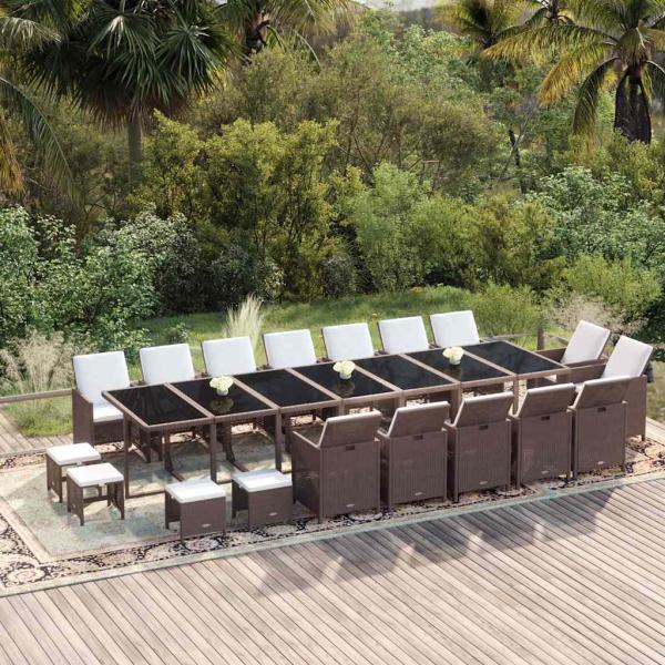 ARDEBO.de - 19-tlg. Garten-Essgruppe mit Kissen Poly Rattan Braun