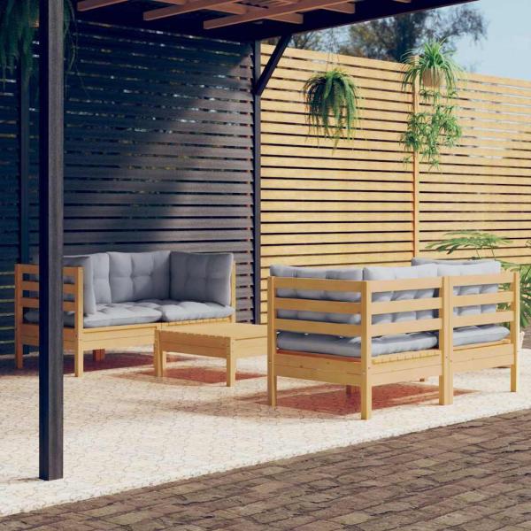 ARDEBO.de - 5-tlg. Garten-Lounge-Set mit Grauen Kissen Kiefernholz