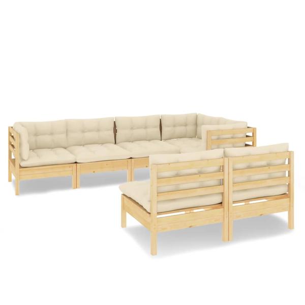 7-tlg. Garten-Lounge-Set mit Creme Kissen Massivholz Kiefer