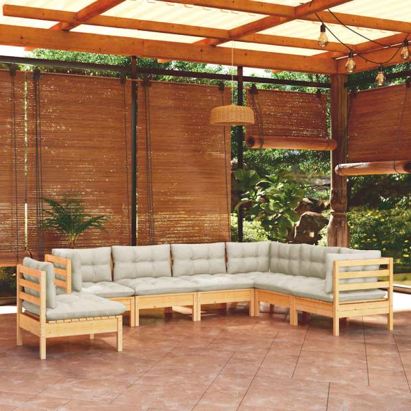ARDEBO.de - 7-tlg. Garten-Lounge-Set mit Creme Kissen Massivholz Kiefer