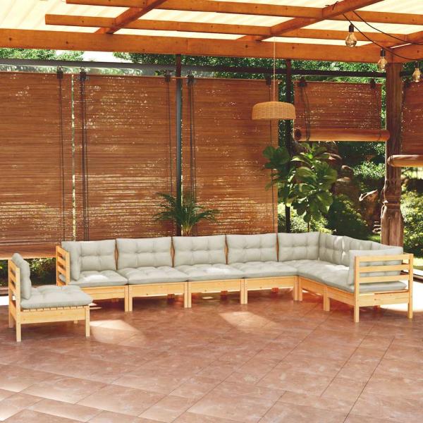 ARDEBO.de - 8-tlg. Garten-Lounge-Set mit Creme Kissen Massivholz Kiefer