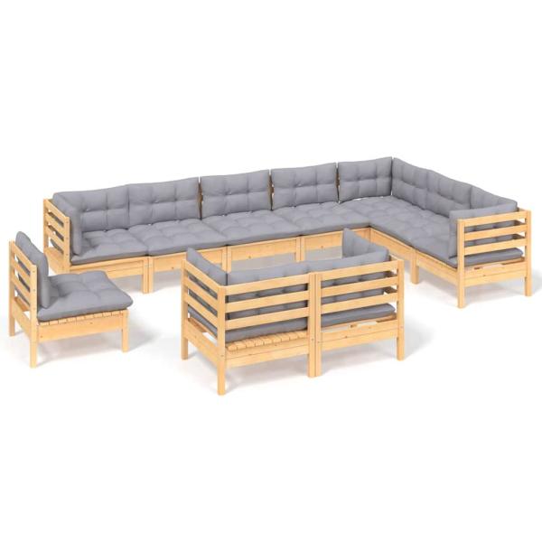 10-tlg. Garten-Lounge-Set mit Grauen Kissen Kiefer Massivholz