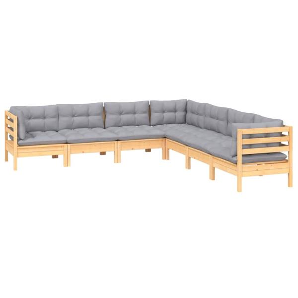 7-tlg. Garten-Lounge-Set mit Grauen Kissen Kiefer Massivholz