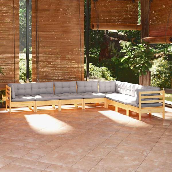 ARDEBO.de - 8-tlg. Garten-Lounge-Set mit Grauen Kissen Kiefer Massivholz