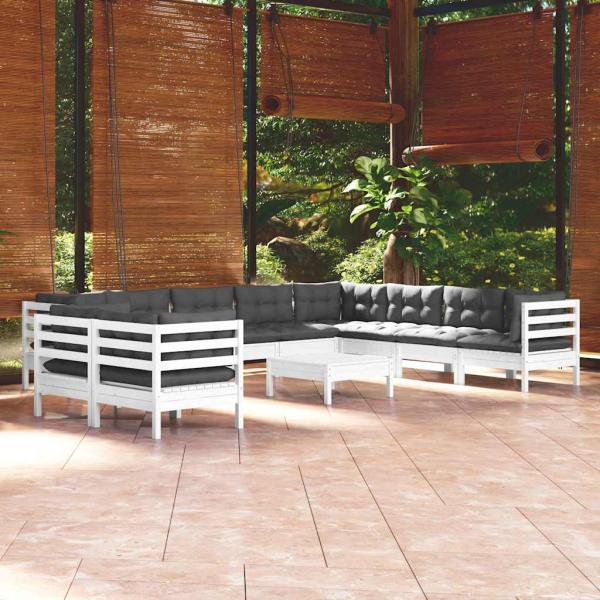 ARDEBO.de - 11-tlg. Garten-Lounge-Set mit Kissen Weiß Massivholz Kiefer