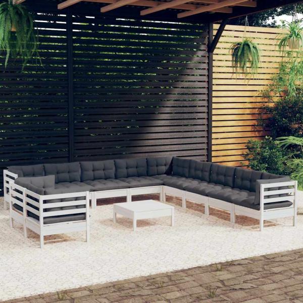 ARDEBO.de - 12-tlg. Garten-Lounge-Set mit Kissen Weiß Massivholz Kiefer