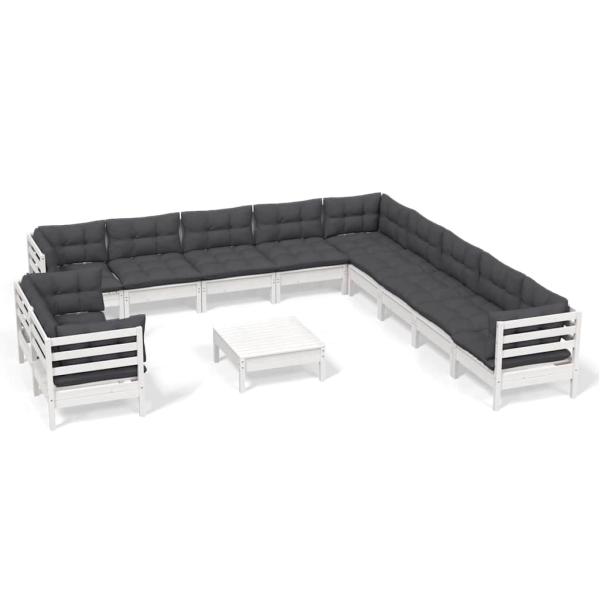 12-tlg. Garten-Lounge-Set mit Kissen Weiß Massivholz Kiefer