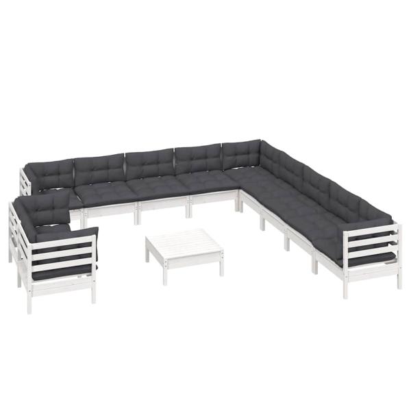 12-tlg. Garten-Lounge-Set mit Kissen Weiß Massivholz Kiefer