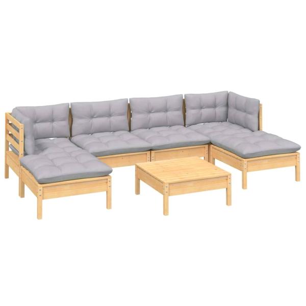 7-tlg. Garten-Lounge-Set mit Grauen Kissen Kiefernholz