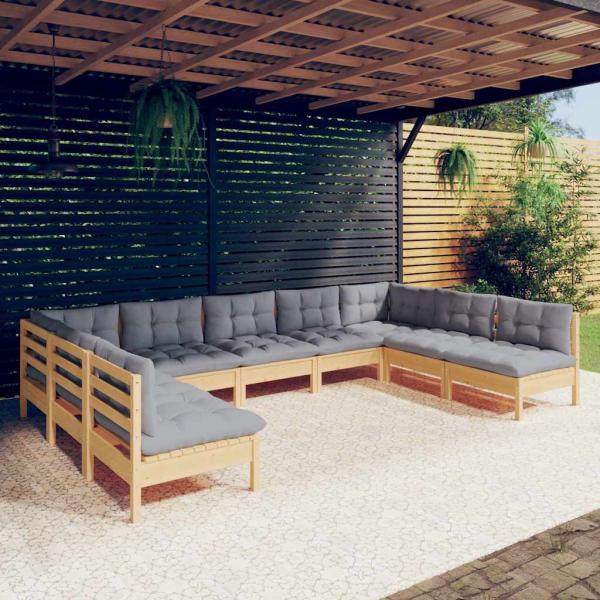 ARDEBO.de - 9-tlg. Garten-Lounge-Set mit Grauen Kissen Kiefer Massivholz