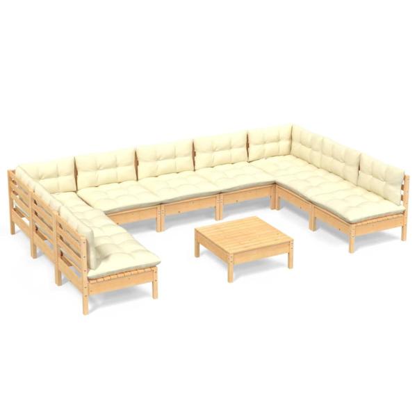 10-tlg. Garten-Lounge-Set mit Creme Kissen Massivholz Kiefer