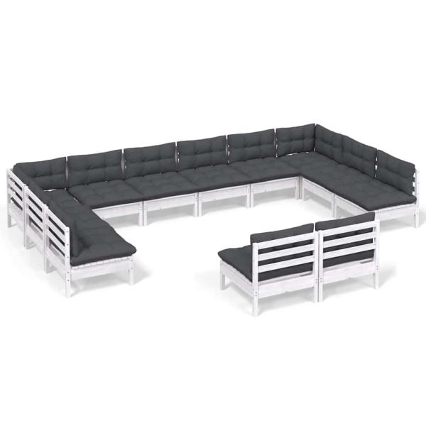 12-tlg. Garten-Lounge-Set mit Kissen Weiß Kiefer Massivholz