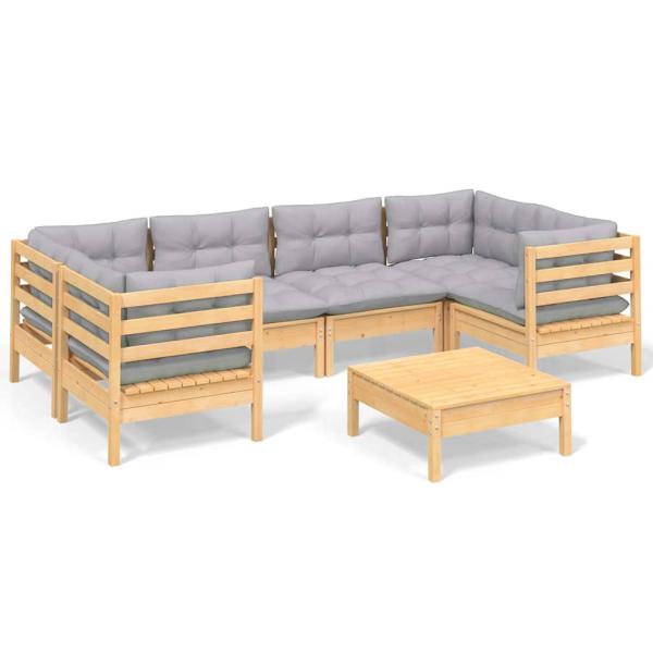 7-tlg. Garten-Lounge-Set mit Grauen Kissen Kiefernholz