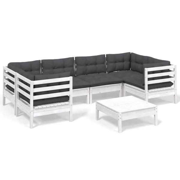 7-tlg. Garten-Lounge-Set mit Kissen Weiß Kiefernholz