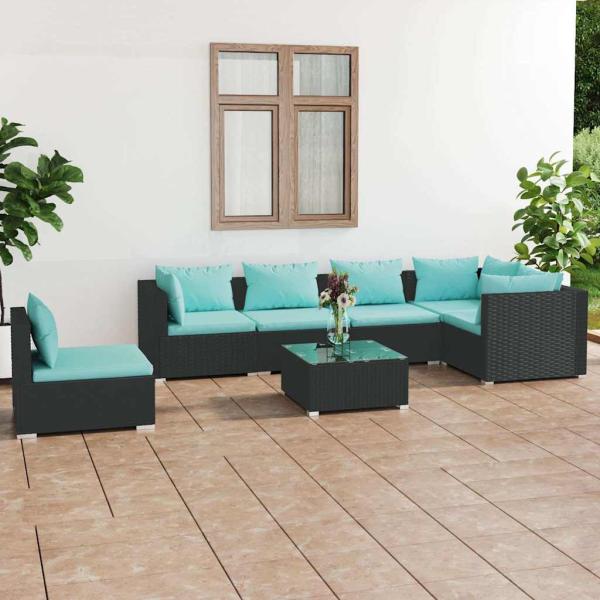 ARDEBO.de - 7-tlg. Garten-Lounge-Set mit Kissen Poly Rattan Schwarz