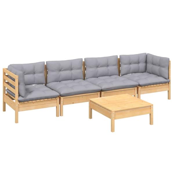 5-tlg. Garten-Lounge-Set mit Grauen Kissen Kiefer Massivholz