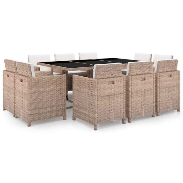 ARDEBO.de - 11-tlg. Garten-Essgruppe mit Auflagen Poly Rattan Beige