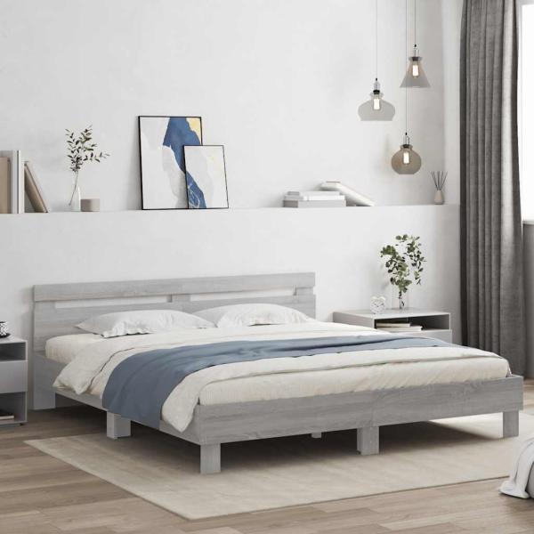 ARDEBO.de - Bettgestell mit Kopfteil Grau Sonoma 200x200cm Holzwerkstoff