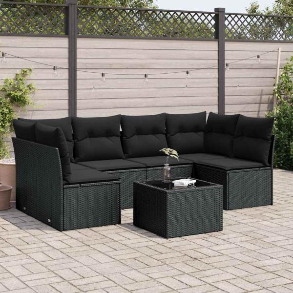 ARDEBO.de - 7-tlg. Garten-Sofagarnitur mit Kissen Schwarz Poly Rattan