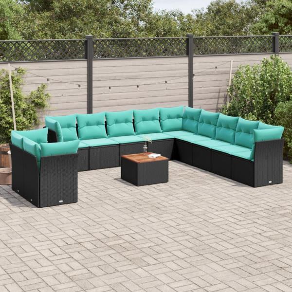 ARDEBO.de - 12-tlg. Garten-Sofagarnitur mit Kissen Schwarz Poly Rattan