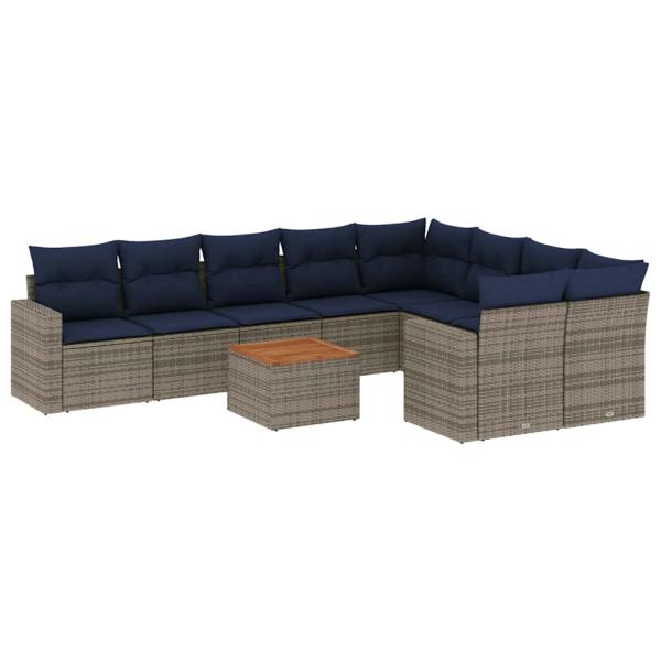 10-tlg. Garten-Sofagarnitur mit Kissen Grau Poly Rattan